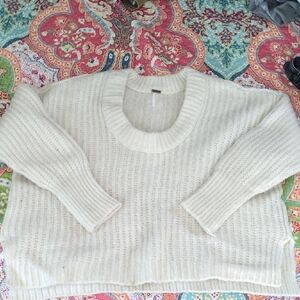 Free People Cream Ribbed Crewneck Sweater